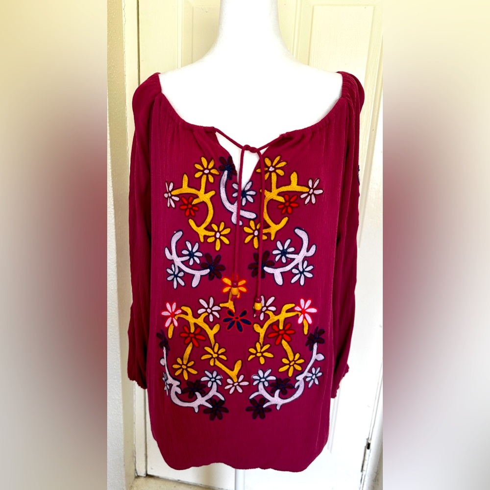Indigo Threads Womens Embroidered Maroon Peasant Boho  Shirt 1X